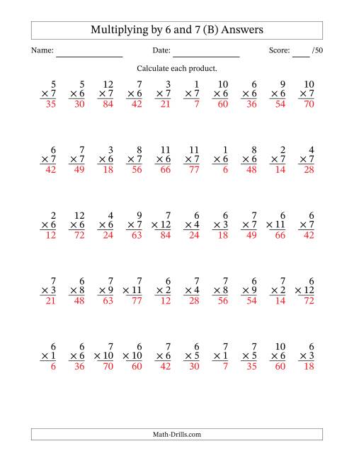 The Multiplying (1 to 12) by 6 and 7 (50 Questions) (B) Math Worksheet Page 2