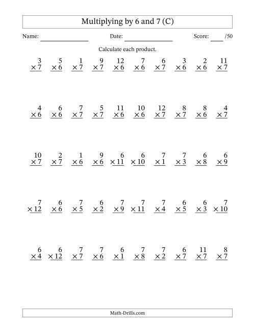 The Multiplying (1 to 12) by 6 and 7 (50 Questions) (C) Math Worksheet