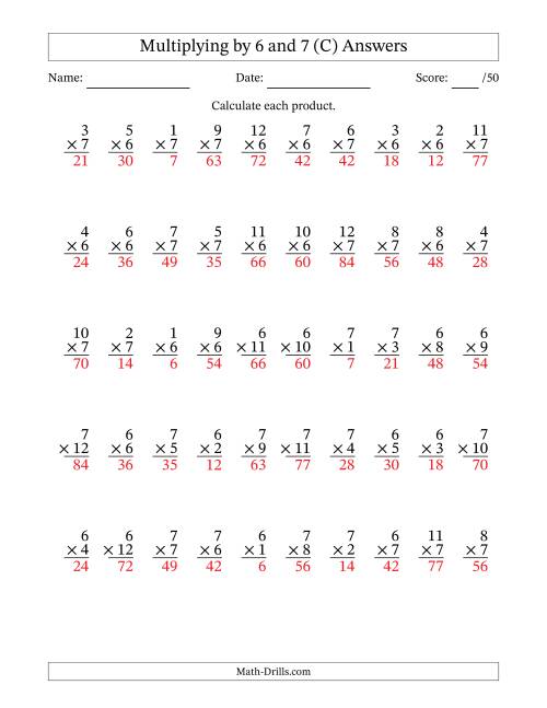 The Multiplying (1 to 12) by 6 and 7 (50 Questions) (C) Math Worksheet Page 2
