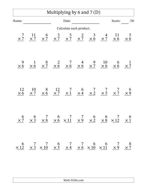 The Multiplying (1 to 12) by 6 and 7 (50 Questions) (D) Math Worksheet