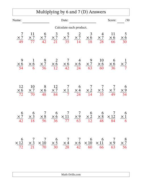 The Multiplying (1 to 12) by 6 and 7 (50 Questions) (D) Math Worksheet Page 2