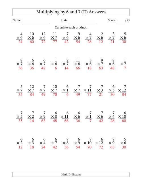 The Multiplying (1 to 12) by 6 and 7 (50 Questions) (E) Math Worksheet Page 2