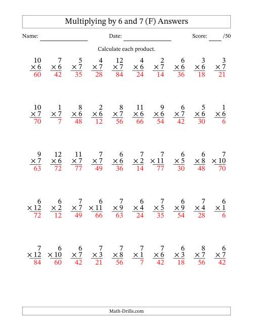The Multiplying (1 to 12) by 6 and 7 (50 Questions) (F) Math Worksheet Page 2