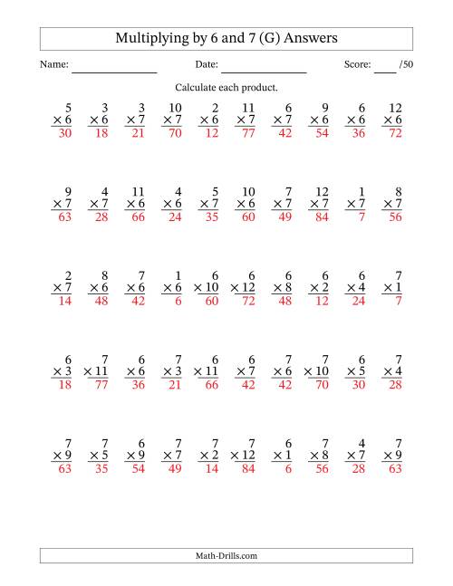 The Multiplying (1 to 12) by 6 and 7 (50 Questions) (G) Math Worksheet Page 2