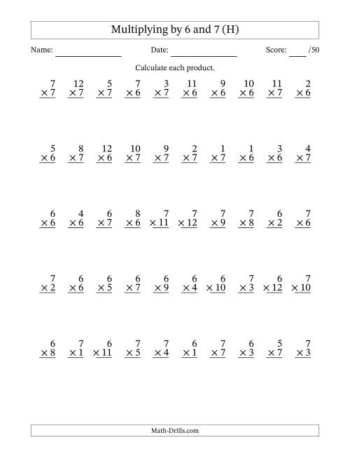 The Multiplying (1 to 12) by 6 and 7 (50 Questions) (H) Math Worksheet
