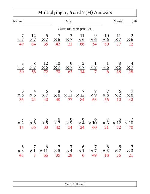 The Multiplying (1 to 12) by 6 and 7 (50 Questions) (H) Math Worksheet Page 2