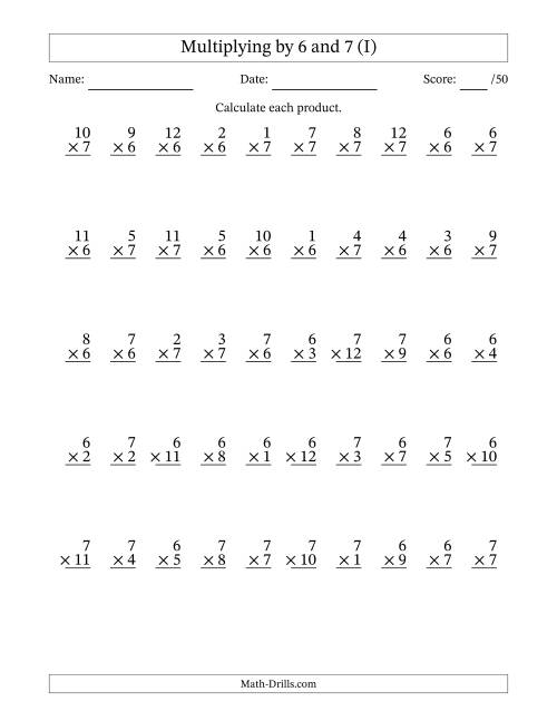 The Multiplying (1 to 12) by 6 and 7 (50 Questions) (I) Math Worksheet