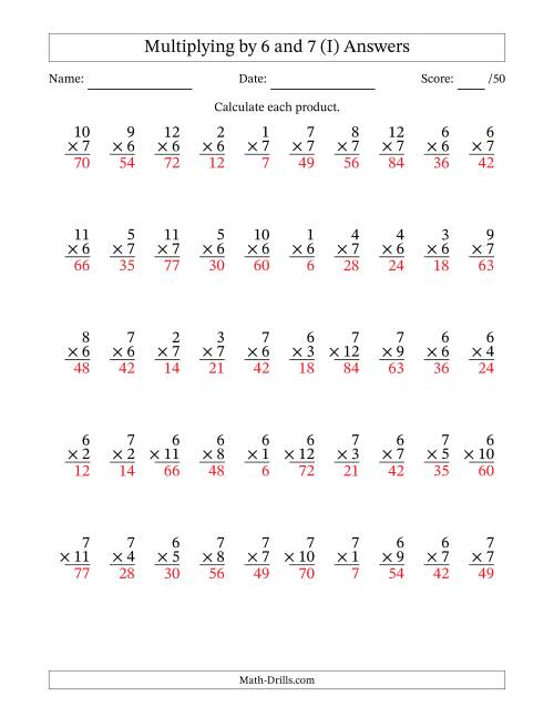 The Multiplying (1 to 12) by 6 and 7 (50 Questions) (I) Math Worksheet Page 2