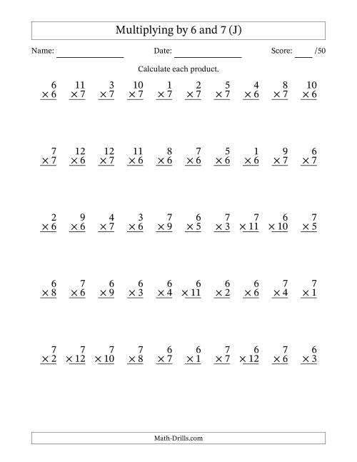The Multiplying (1 to 12) by 6 and 7 (50 Questions) (J) Math Worksheet