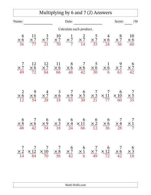 The Multiplying (1 to 12) by 6 and 7 (50 Questions) (J) Math Worksheet Page 2