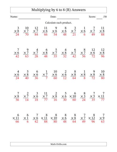 The Multiplying (1 to 12) by 6 to 8 (50 Questions) (B) Math Worksheet Page 2