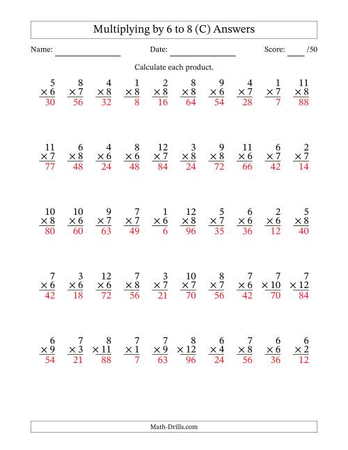 The Multiplying (1 to 12) by 6 to 8 (50 Questions) (C) Math Worksheet Page 2