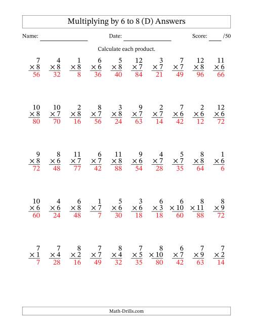The Multiplying (1 to 12) by 6 to 8 (50 Questions) (D) Math Worksheet Page 2