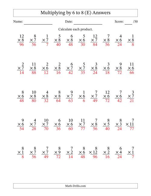 The Multiplying (1 to 12) by 6 to 8 (50 Questions) (E) Math Worksheet Page 2