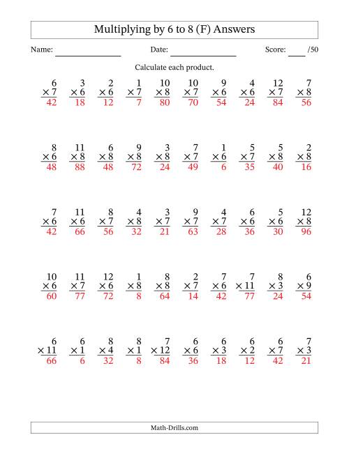 The Multiplying (1 to 12) by 6 to 8 (50 Questions) (F) Math Worksheet Page 2