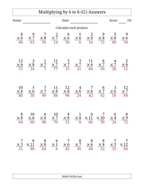 The Multiplying (1 to 12) by 6 to 8 (50 Questions) (G) Math Worksheet Page 2