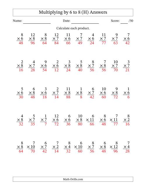 The Multiplying (1 to 12) by 6 to 8 (50 Questions) (H) Math Worksheet Page 2