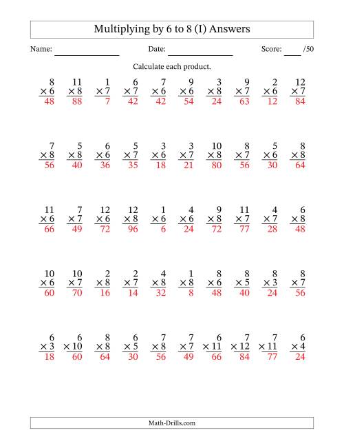 The Multiplying (1 to 12) by 6 to 8 (50 Questions) (I) Math Worksheet Page 2