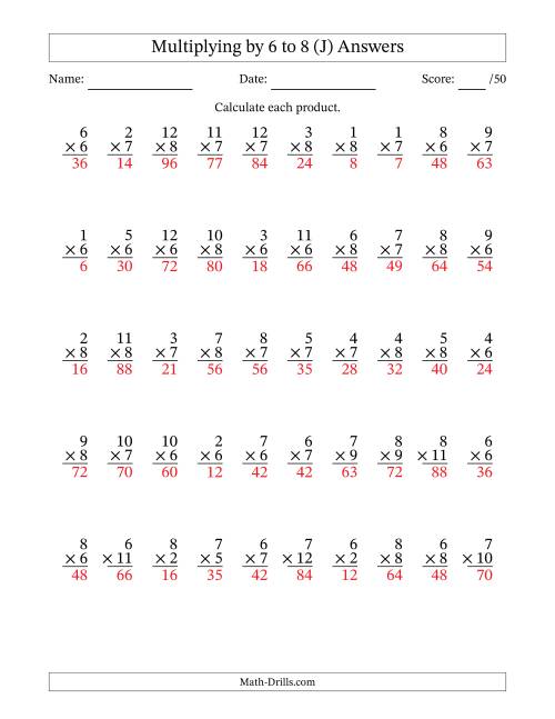 The Multiplying (1 to 12) by 6 to 8 (50 Questions) (J) Math Worksheet Page 2