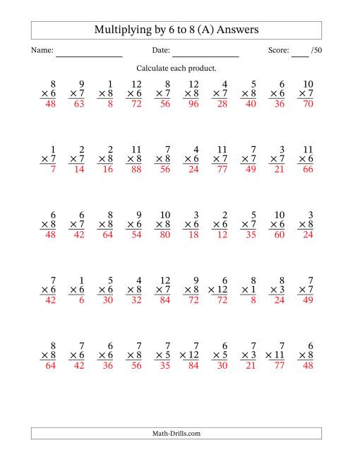 The Multiplying (1 to 12) by 6 to 8 (50 Questions) (All) Math Worksheet Page 2