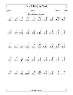 Multiplying (1 to 12) by 7 (50 Questions)
