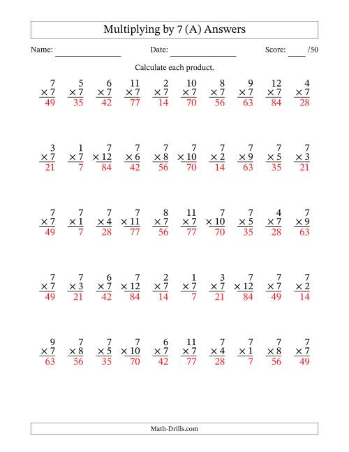 The Multiplying (1 to 12) by 7 (50 Questions) (A) Math Worksheet Page 2