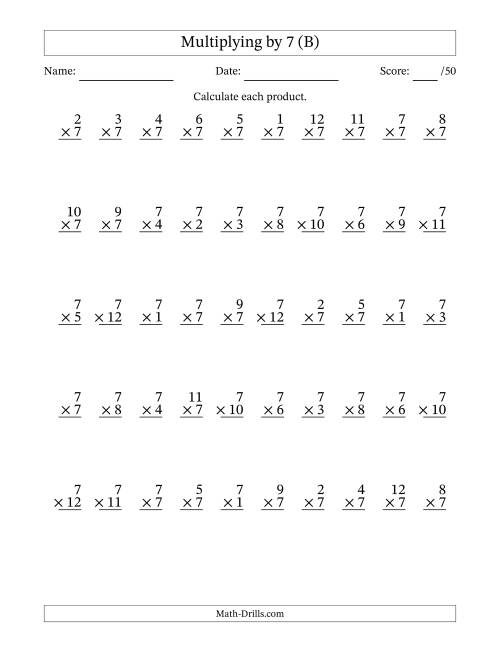 The Multiplying (1 to 12) by 7 (50 Questions) (B) Math Worksheet