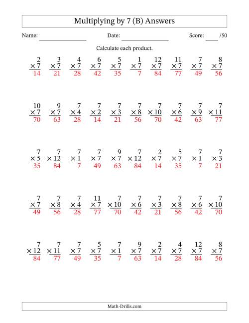 The Multiplying (1 to 12) by 7 (50 Questions) (B) Math Worksheet Page 2