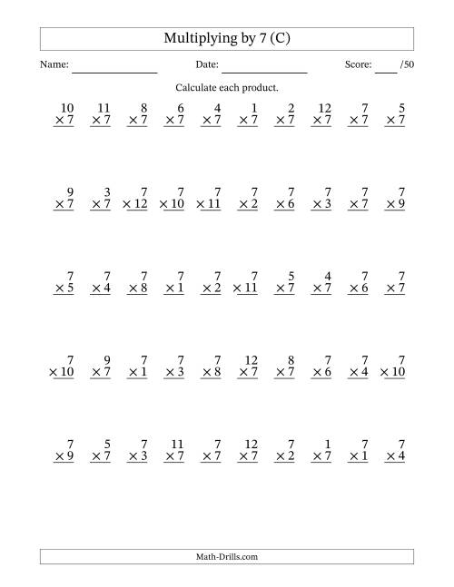 The Multiplying (1 to 12) by 7 (50 Questions) (C) Math Worksheet