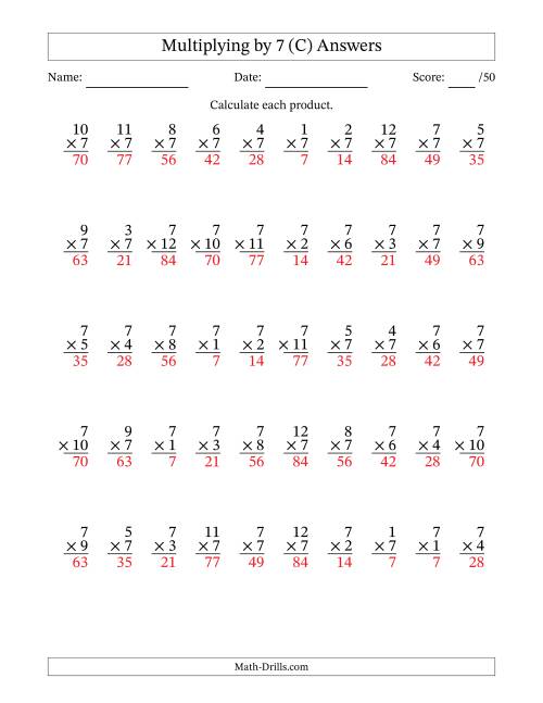 The Multiplying (1 to 12) by 7 (50 Questions) (C) Math Worksheet Page 2