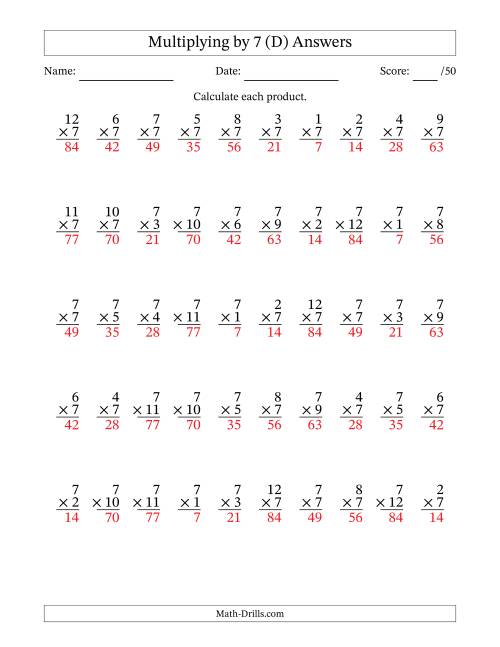 The Multiplying (1 to 12) by 7 (50 Questions) (D) Math Worksheet Page 2