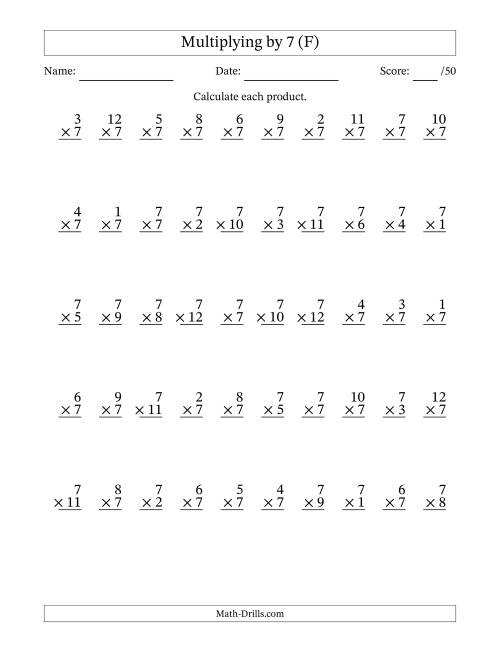 The Multiplying (1 to 12) by 7 (50 Questions) (F) Math Worksheet