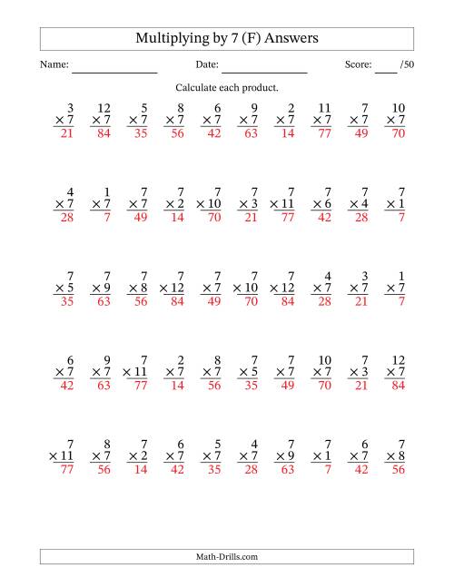 The Multiplying (1 to 12) by 7 (50 Questions) (F) Math Worksheet Page 2
