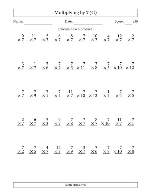The Multiplying (1 to 12) by 7 (50 Questions) (G) Math Worksheet