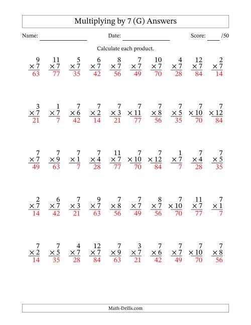 The Multiplying (1 to 12) by 7 (50 Questions) (G) Math Worksheet Page 2