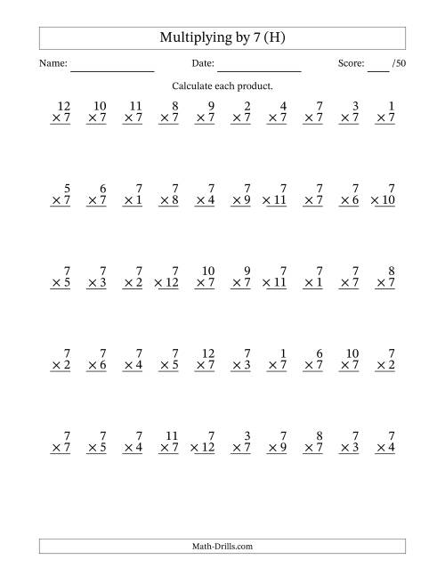 The Multiplying (1 to 12) by 7 (50 Questions) (H) Math Worksheet