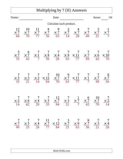 The Multiplying (1 to 12) by 7 (50 Questions) (H) Math Worksheet Page 2