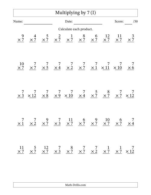 The Multiplying (1 to 12) by 7 (50 Questions) (I) Math Worksheet