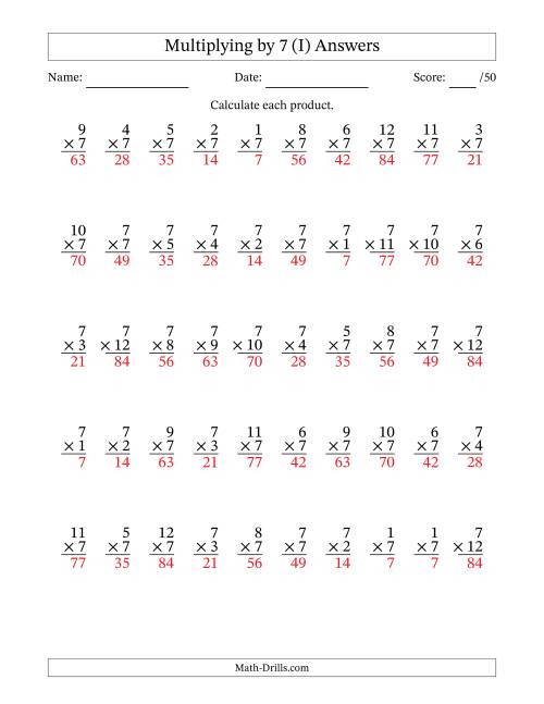 The Multiplying (1 to 12) by 7 (50 Questions) (I) Math Worksheet Page 2