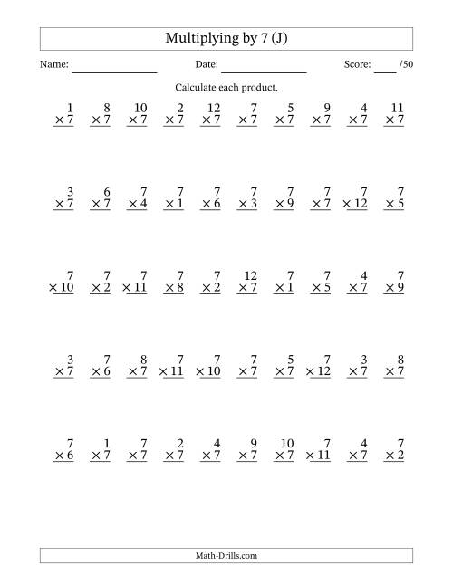 The Multiplying (1 to 12) by 7 (50 Questions) (J) Math Worksheet