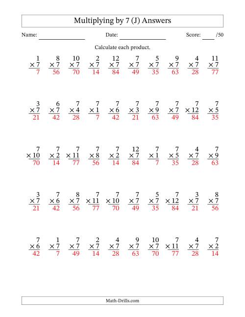 The Multiplying (1 to 12) by 7 (50 Questions) (J) Math Worksheet Page 2