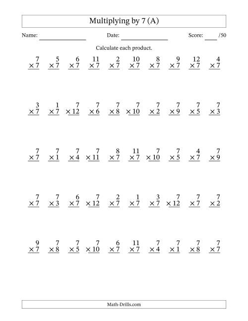 The Multiplying (1 to 12) by 7 (50 Questions) (All) Math Worksheet