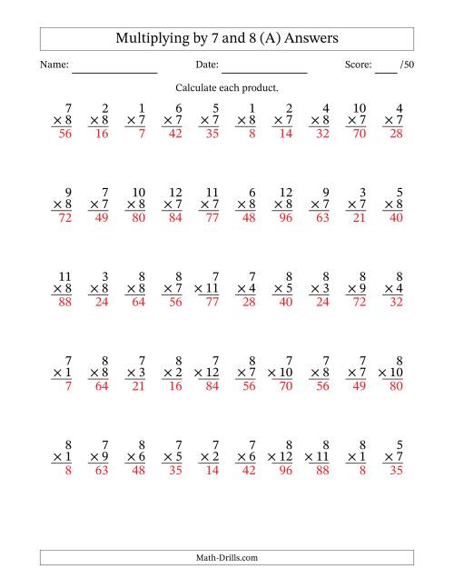 The Multiplying (1 to 12) by 7 and 8 (50 Questions) (A) Math Worksheet Page 2