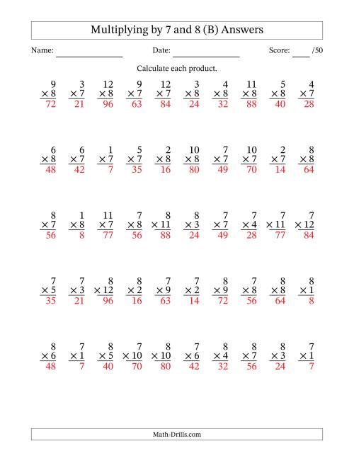The Multiplying (1 to 12) by 7 and 8 (50 Questions) (B) Math Worksheet Page 2