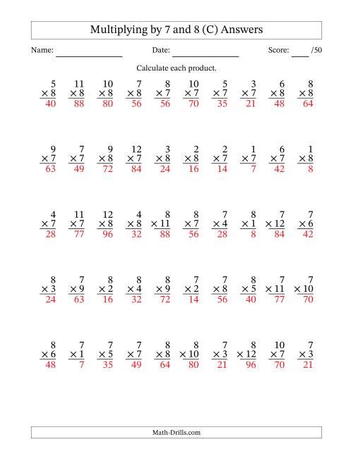 The Multiplying (1 to 12) by 7 and 8 (50 Questions) (C) Math Worksheet Page 2