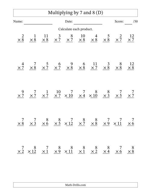 The Multiplying (1 to 12) by 7 and 8 (50 Questions) (D) Math Worksheet