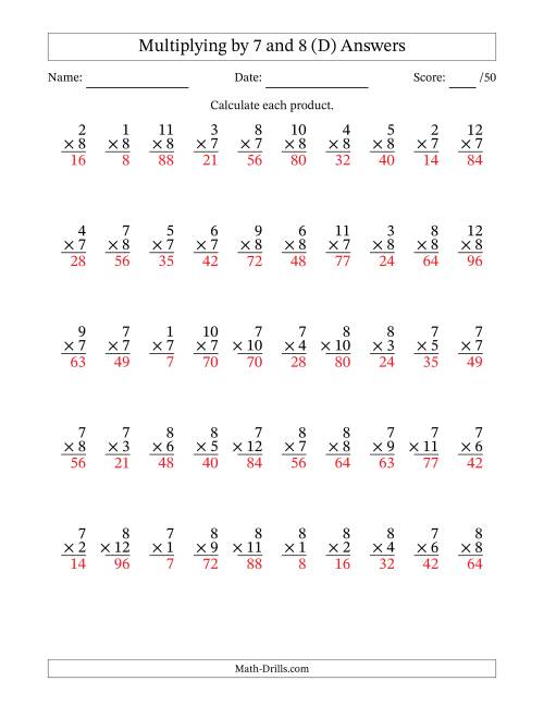 The Multiplying (1 to 12) by 7 and 8 (50 Questions) (D) Math Worksheet Page 2