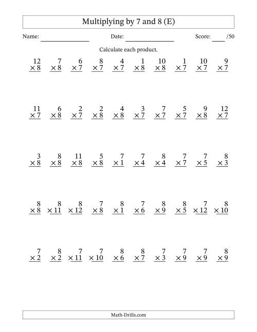 The Multiplying (1 to 12) by 7 and 8 (50 Questions) (E) Math Worksheet