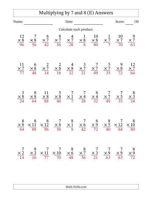 The Multiplying (1 to 12) by 7 and 8 (50 Questions) (E) Math Worksheet Page 2
