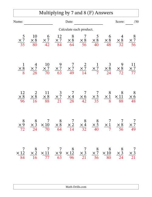 The Multiplying (1 to 12) by 7 and 8 (50 Questions) (F) Math Worksheet Page 2